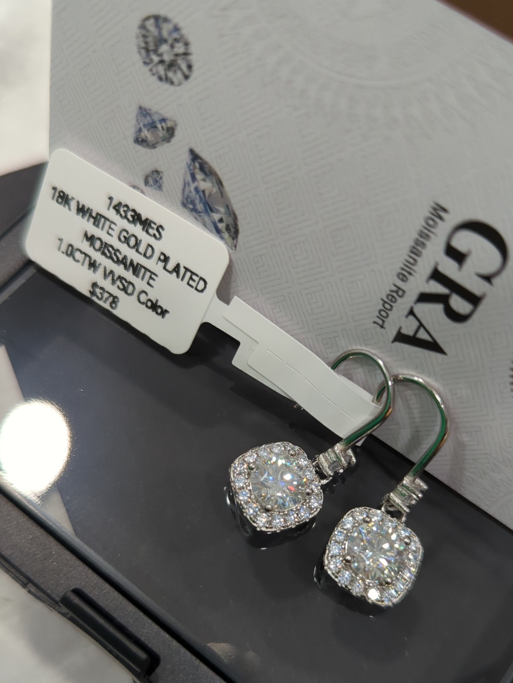 18K White Gold Plated Moissanite Halo Drop Earrings - White